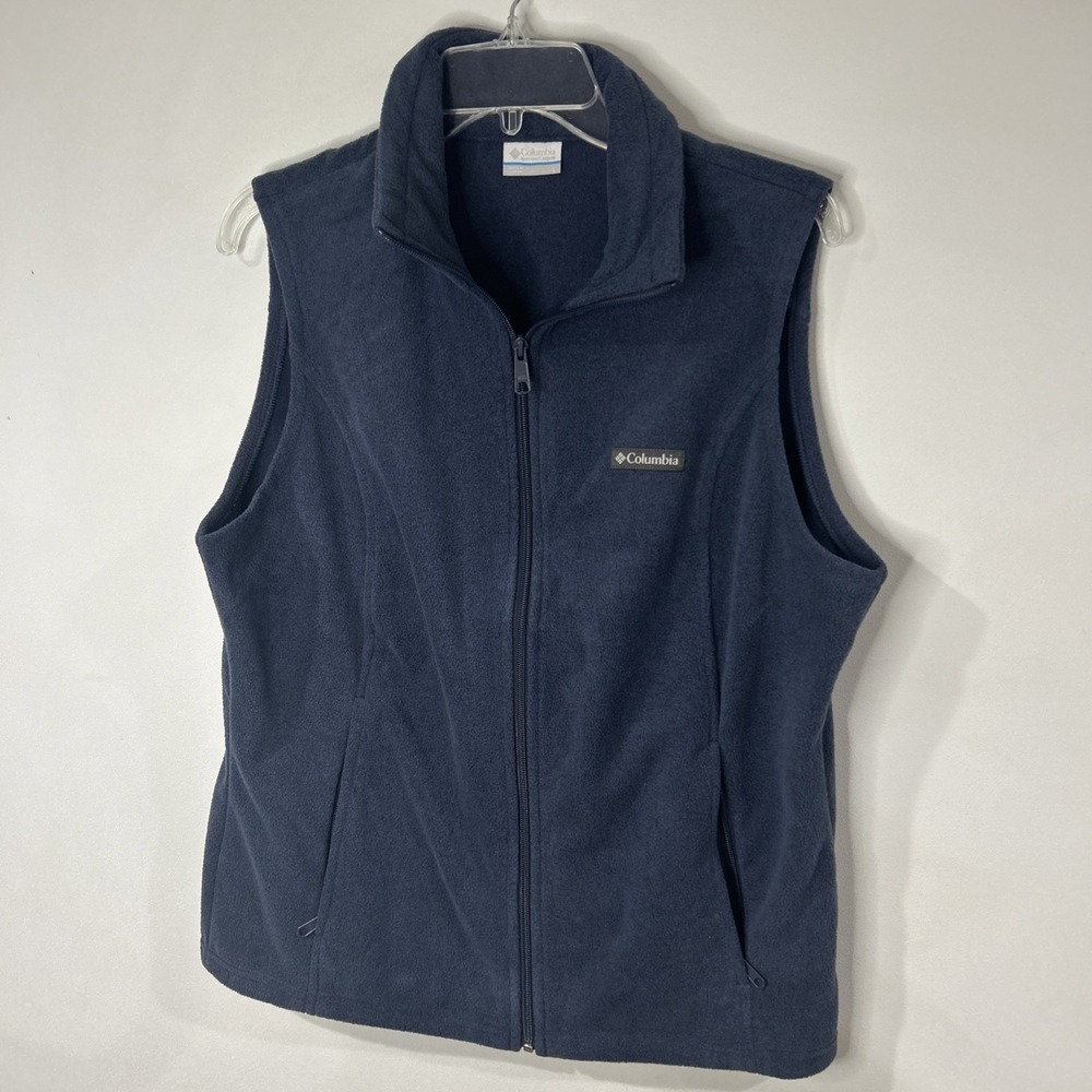 Columbia Dark Blue Full-Zip Collared Fleece Sweater Vest Logo Women's Sz L 036
